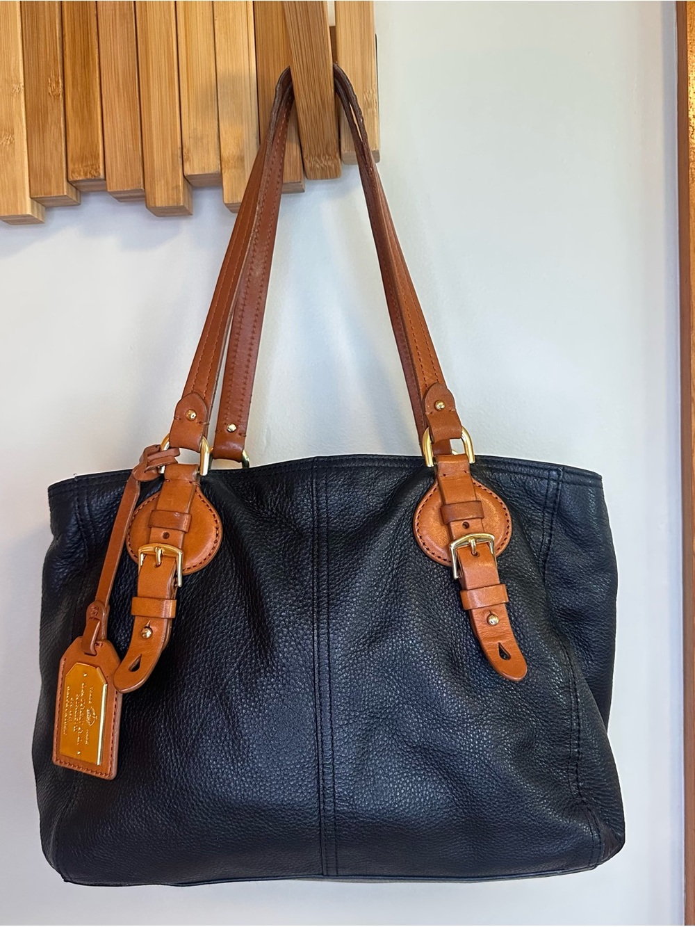 Lauren Ralph Lauren 1967 Series Black Pebbled Leather Shoulder Bag Tan Straps